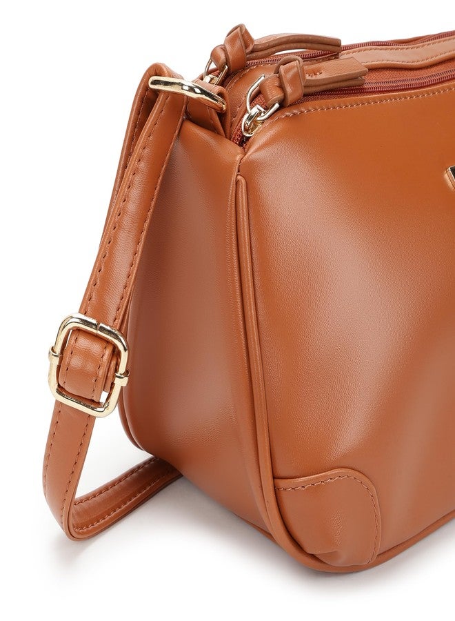 Fastrack Tan Sling Bag for Women | Minimal Faux Leather Crossbody with 2 Zippered Compartments & Quick-Access Pocket | Adjustable Strap Sling for Everyday Outings & College - Image 3